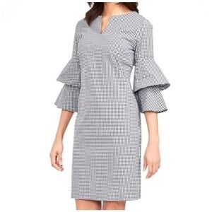 J.McLaughlin Letty Gingham Bell Sleeve Sheath Dress Black Sz Small Chic Timeless